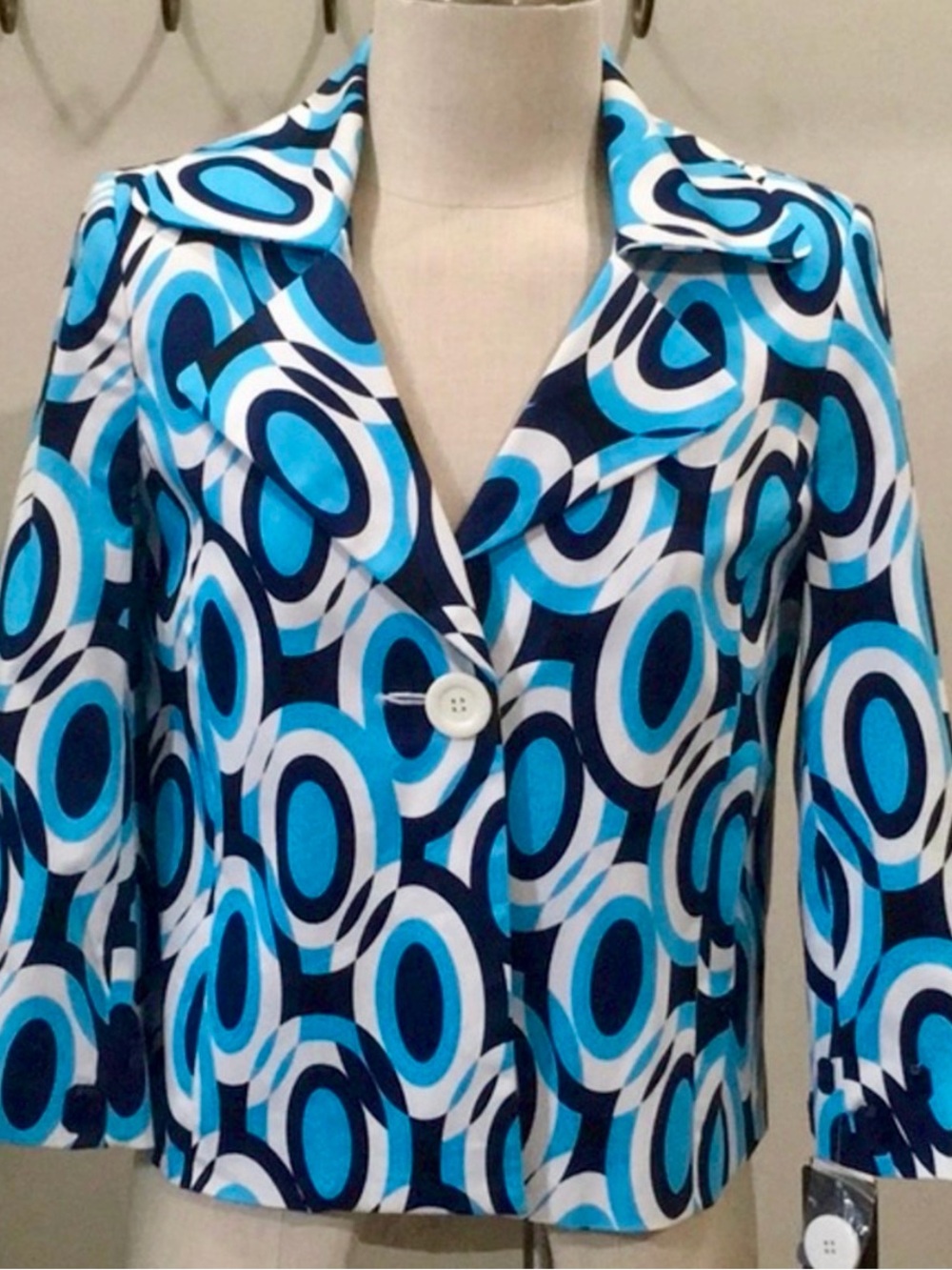 1370 CHAPTER ONE Blue and White Geometric Print Embellished Blazer